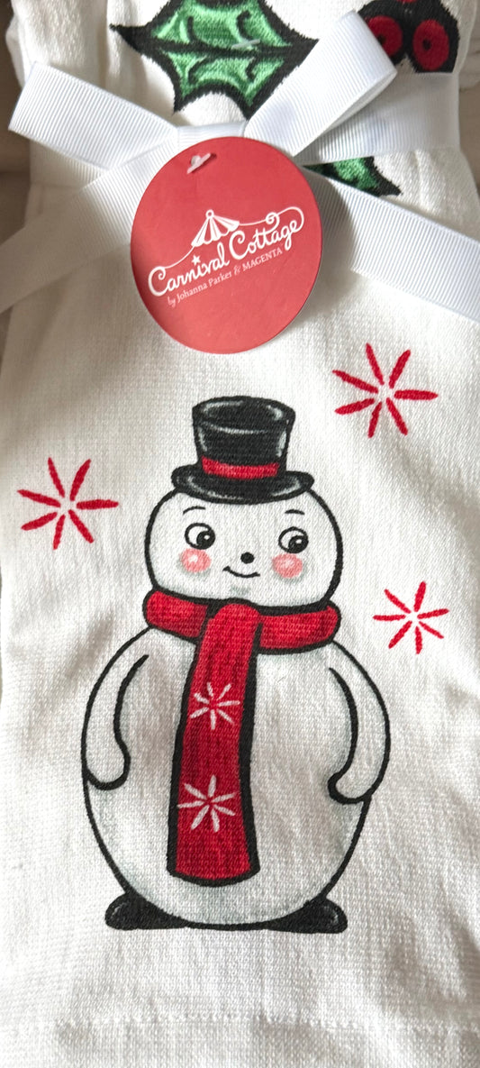 New Joanna Parker 2-piece white snowman kitchen towel set