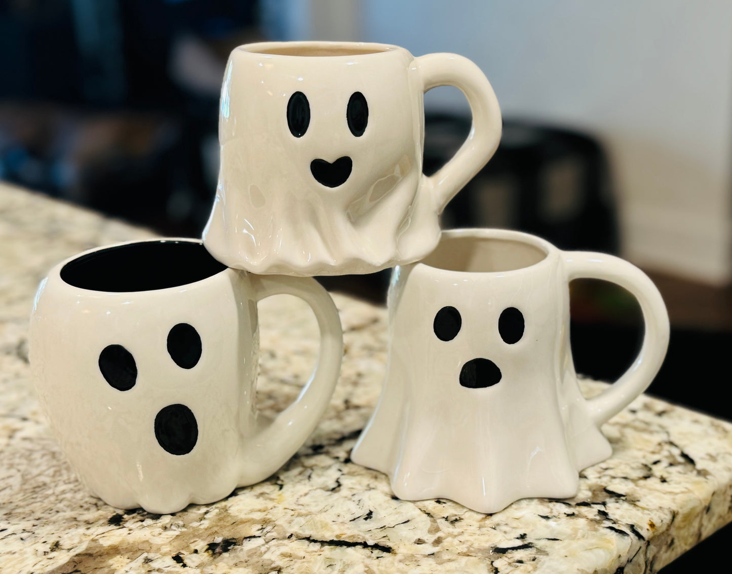 New 3-piece white ceramic open mouth Halloween ghost mug set