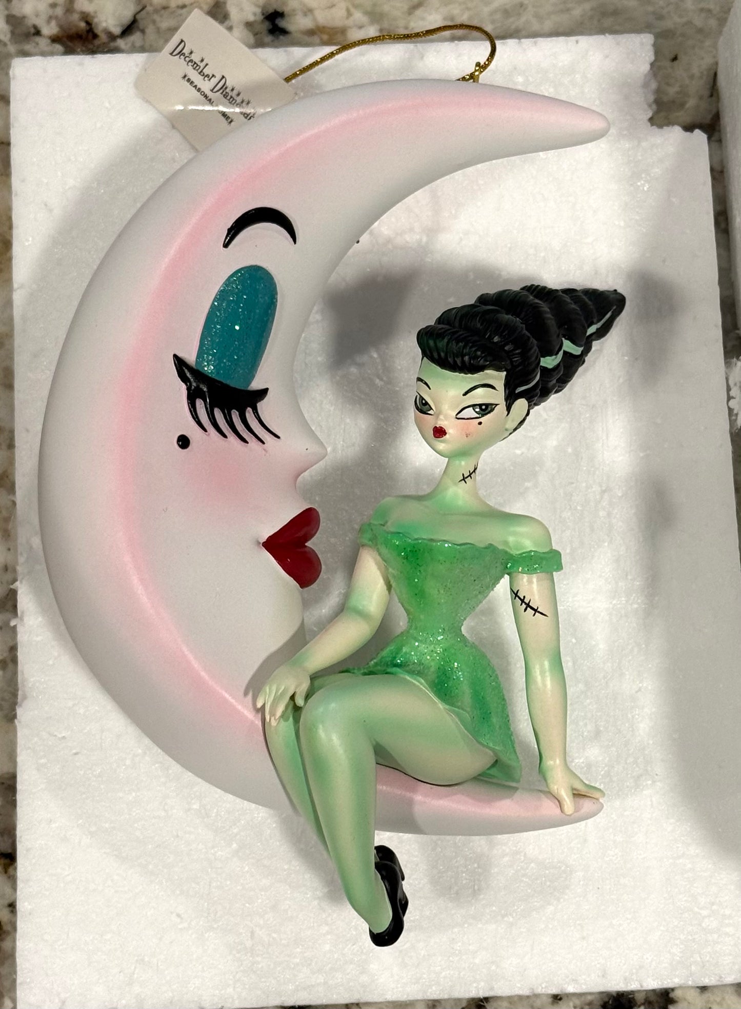 New December Diamonds Halloween decor ornament Bride of Frankie on Moon by Miss Fluff