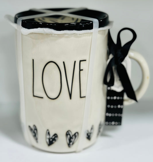 New Rae Dunn white ceramic lidded coffee mug with engraved hearts LOVE