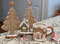 New 4-piece pink gingerbread Christmas lot. 2-8” resin trees, mini house, ceramic mug