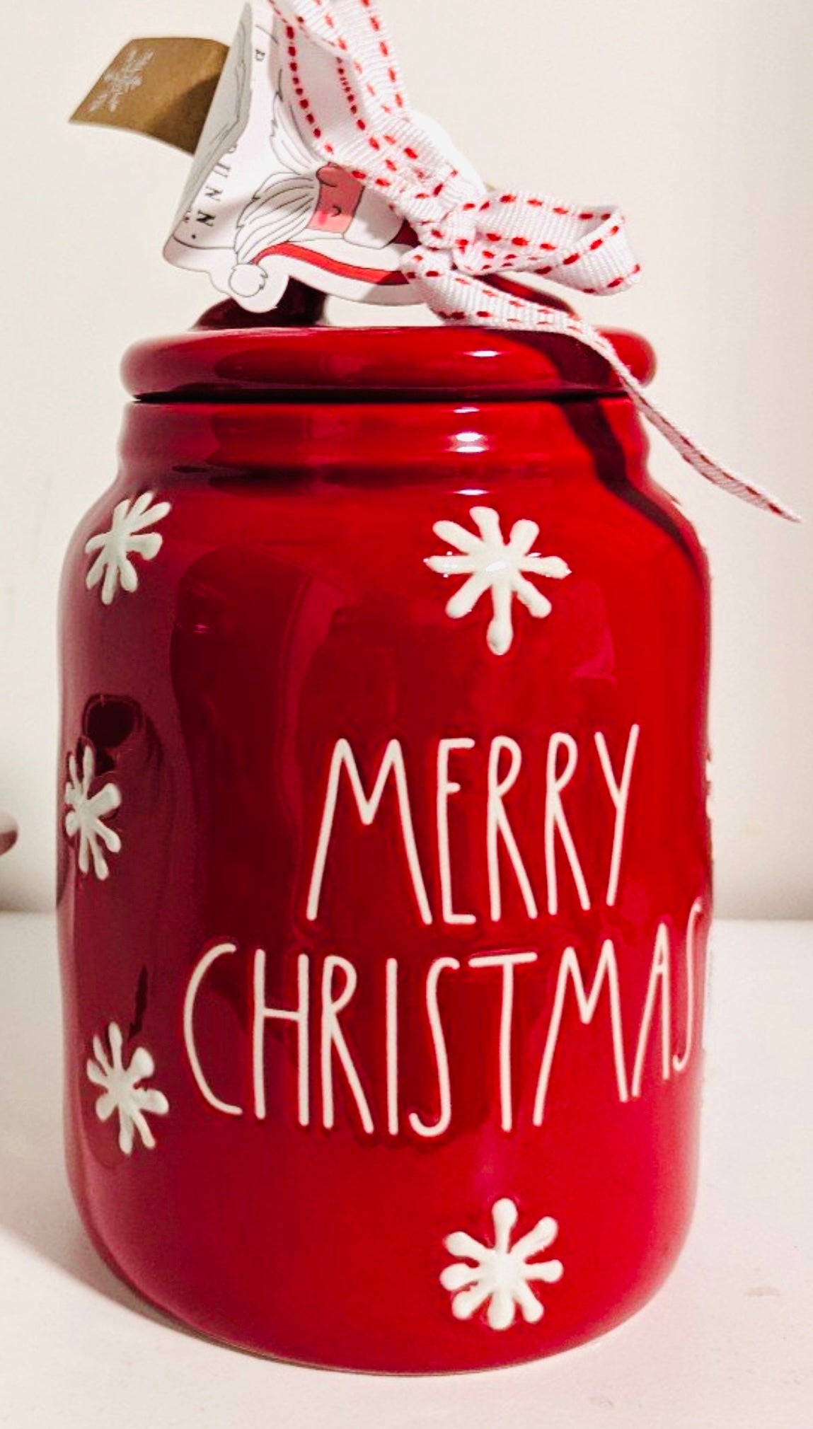 New Rae Dunn red ceramic snowflake engraved canister 6” MERRY CHRISTMAS