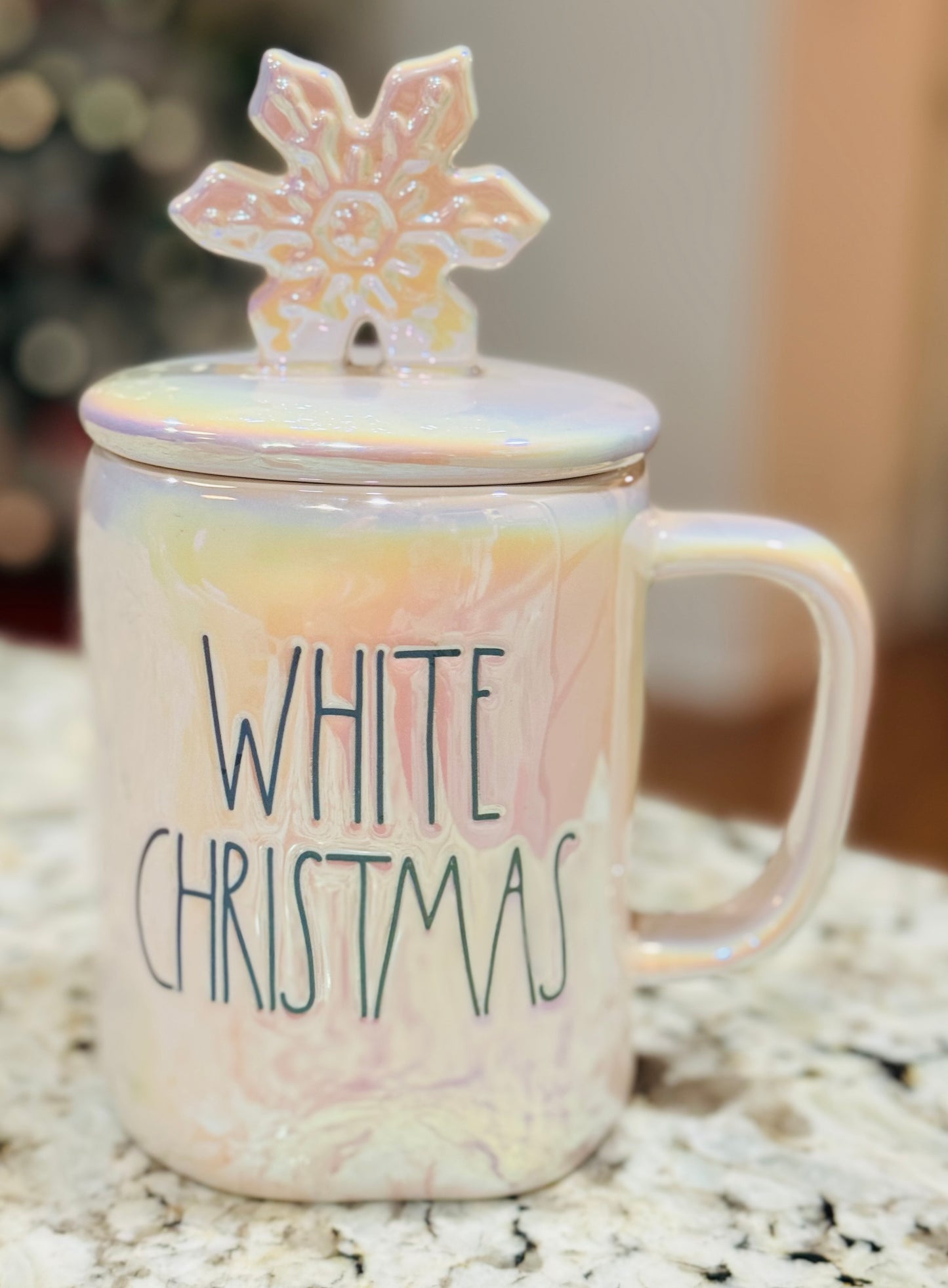 New Rae Dunn white iridescent ceramic Christmas snowflake topped mug WHITE CHRISTMAS