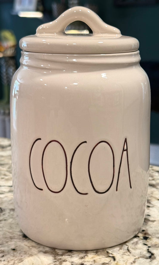New Rae Dunn white ceramic COCOA Christmas canister 6”-black writing