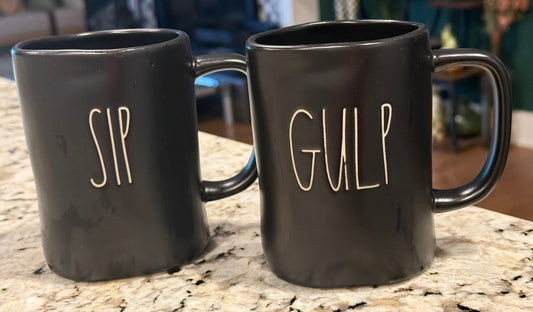 New Rae Dunn black ceramic mug set SIP/GULP