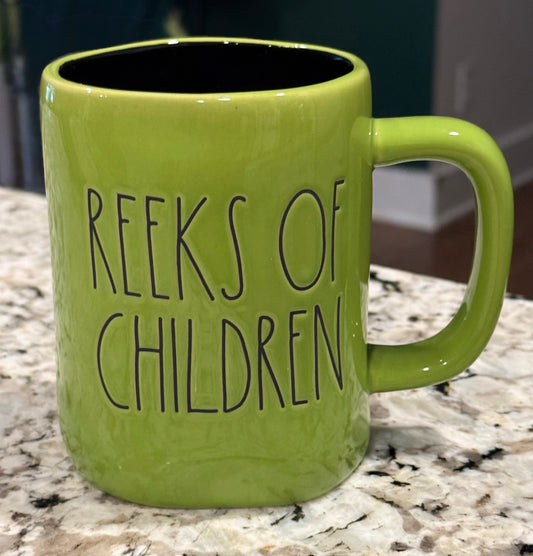New Rae Dunn green ceramic coffee mug Halloween decor REEKS OF CHILDREN black interior