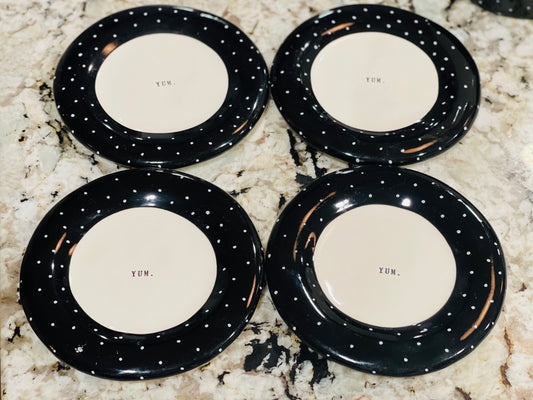 Rae Dunn white ceramic black polka dot hard to find plate set YUM