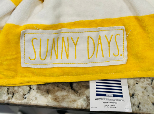 New Rae Dunn yellow striped SUNNY DAYS patch beach towel 36x68 100%cotton