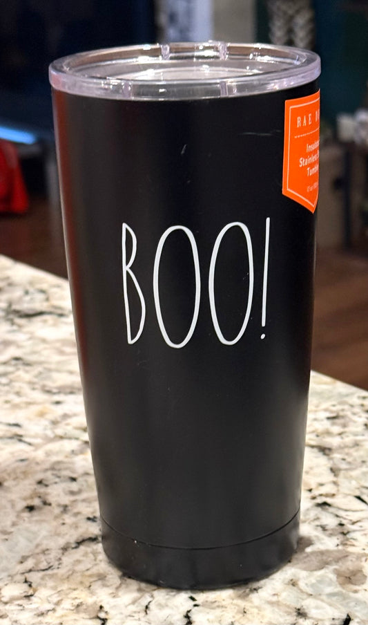 New Rae Dunn black Halloween 17oz stainless drink tumbler Boo!