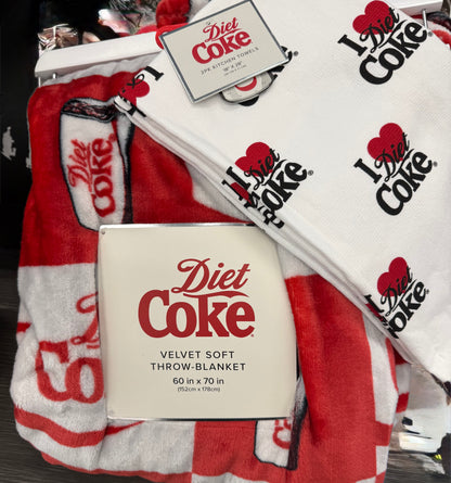 New red plaid Diet Coke fan gift set throw blanket & dish towel lot. 60x70 oversized velvety soft blanket. 2 towels.