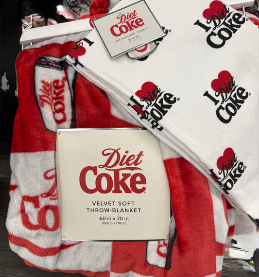 New red plaid Diet Coke fan gift set throw blanket & dish towel lot. 60x70 oversized velvety soft blanket. 2 towels.