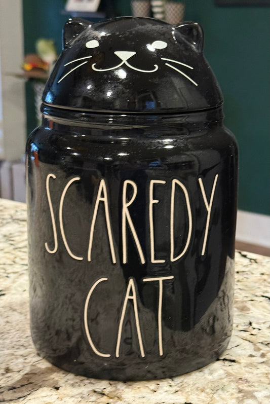 New Rae Dunn black iridescent ceramic 8” SCARDY CAT canister Halloween decor