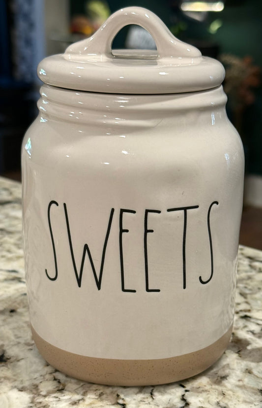 New Rae Dunn white ceramic 6” clay bottom SWEETS canister