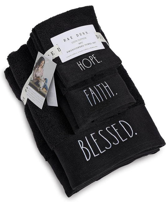 New Rae Dunn 6-piece black embroidered bathroom bath towel set BLESSED.