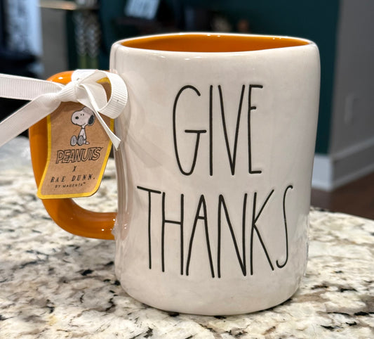 New Rae Dunn x Peanuts Snoopy ceramic Fall coffee mug GIVE THANKS