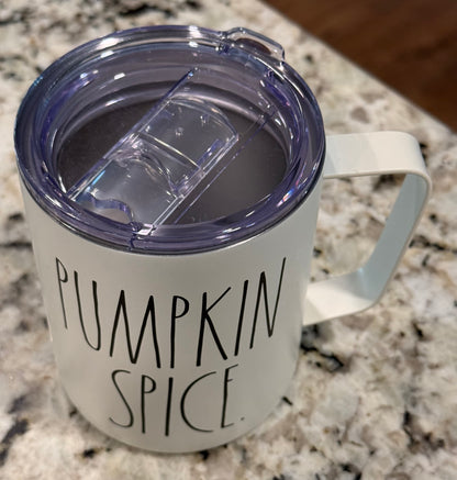 New Rae Dunn white 12oz fall stainless handled travel cup, mag slide lid PUMPKIN SPICE