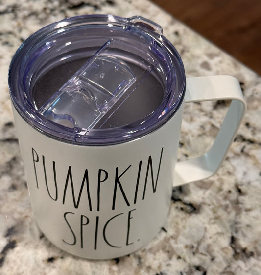 New Rae Dunn white 12oz fall stainless handled travel cup, mag slide lid PUMPKIN SPICE