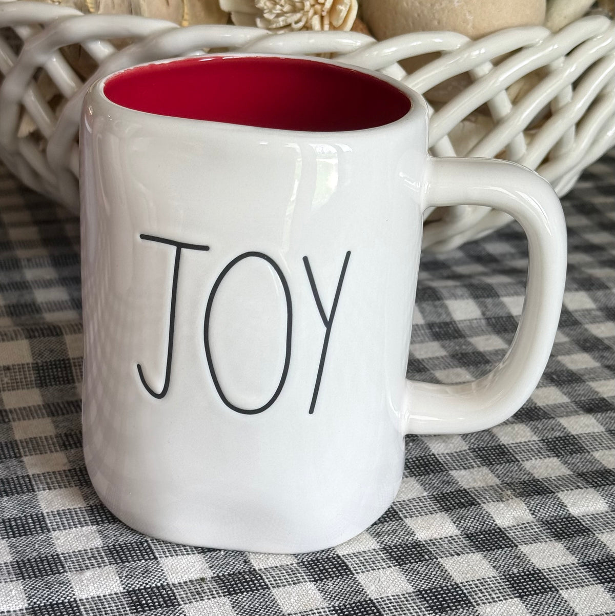New Rae Dunn white ceramic Christmas mug red interior, JOY
