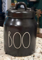 New Rae Dunn black ceramic Halloween decor canister 6” BOO /white writing