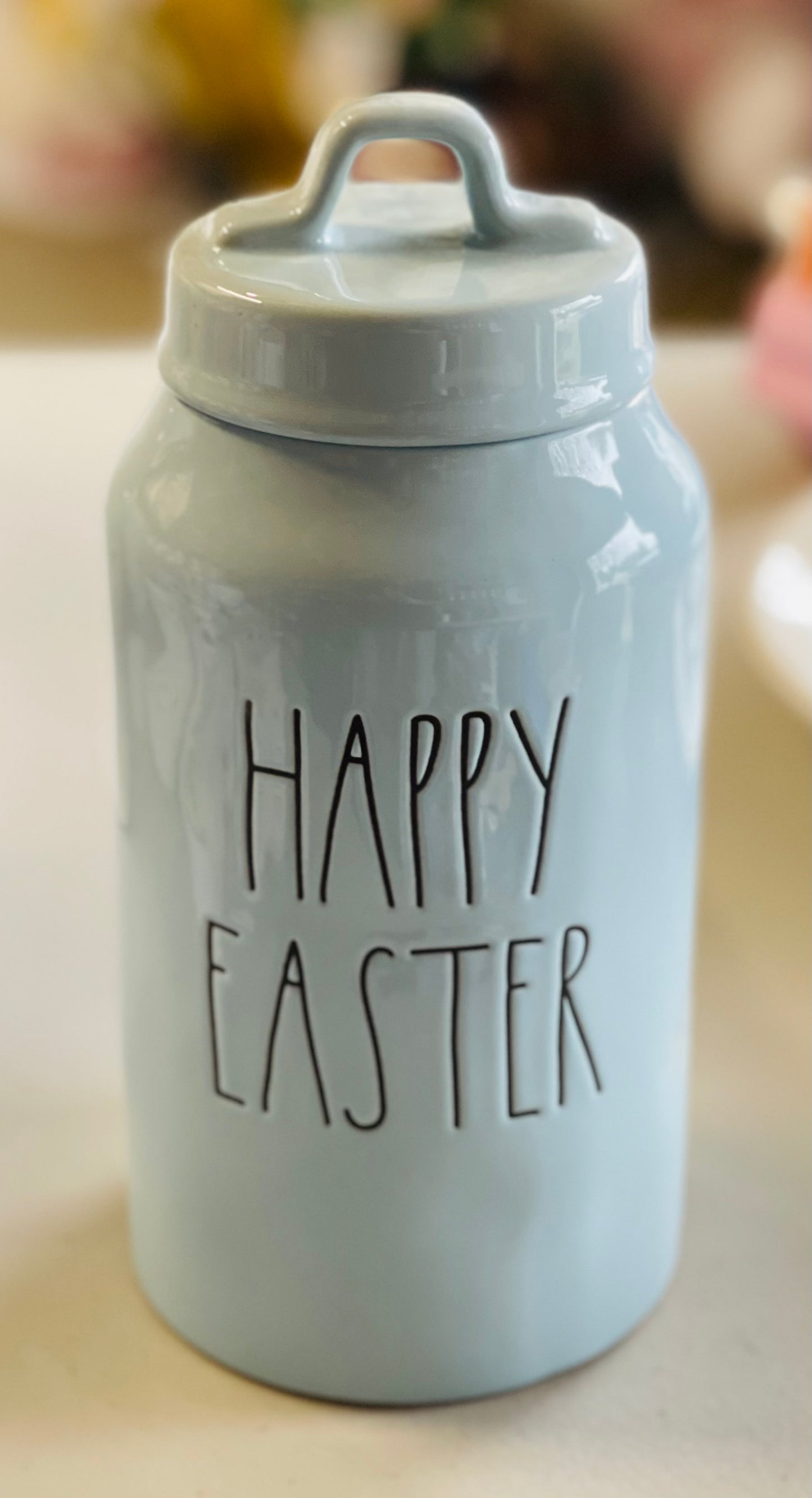 New Rae Dunn blue ceramic Easter decor canister HAPPY EASTER