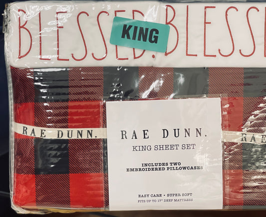 New Rae Dunn Buffalo plaid red & black KING size sheet set BLESSED