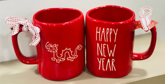 New Rae Dunn red ceramic HAPPY NEW YEAR double sided coffee mug