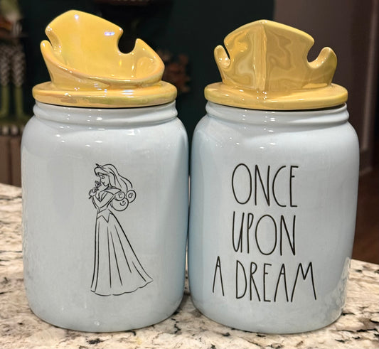 New Rae Dunn Disney Princess blue crown topped canister ONCE UPON A DREAM