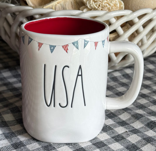 New Rae Dunn white ceramic July 4th coffee mug USA flag blanner