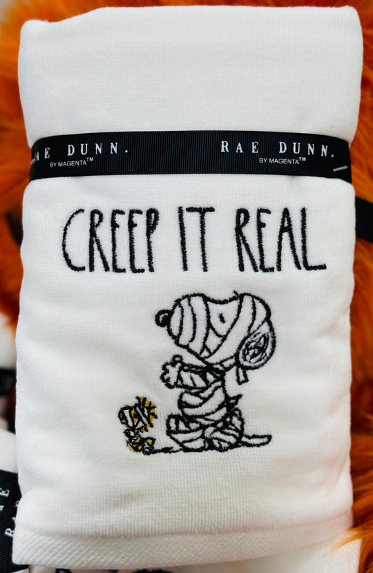 New Rae Dunn x Peanuts Snoopy 2-piece bathroom hand towel set for Halloween CREEP IT REAL