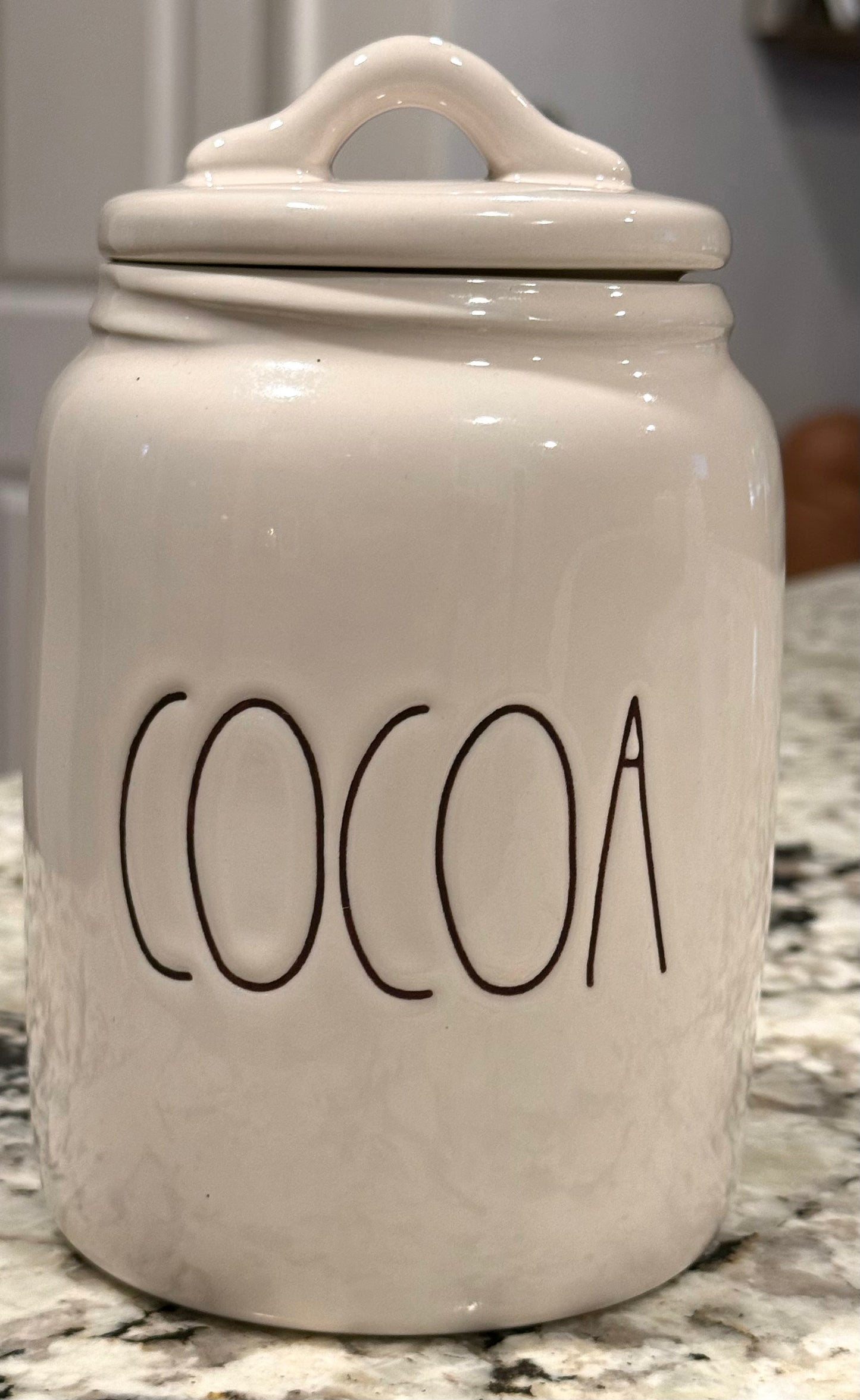 Rae Dunn white 6” ceramic storage canister COCOA -black writing