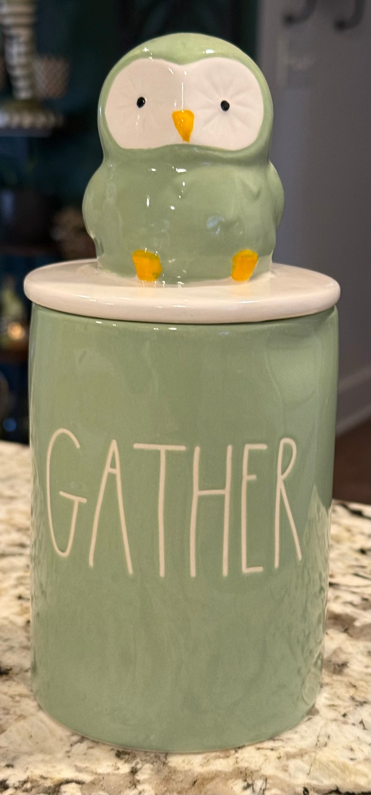 New Rae Dunn fall green ceramic owl topped candle -farmhouse cider scented. GATHER.