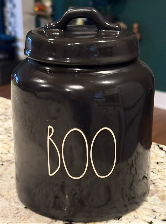 New Rae Dunn black  ceramic 8” BOO decor canister cookie jar