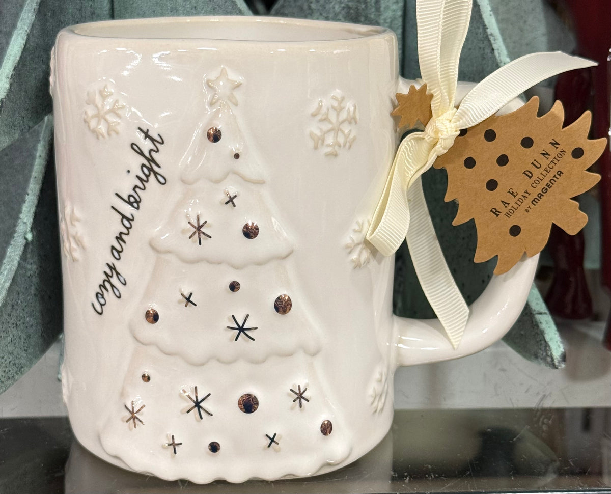New Rae Dunn light white ceramic coffee mug Christmas tree COZY & BRIGHT