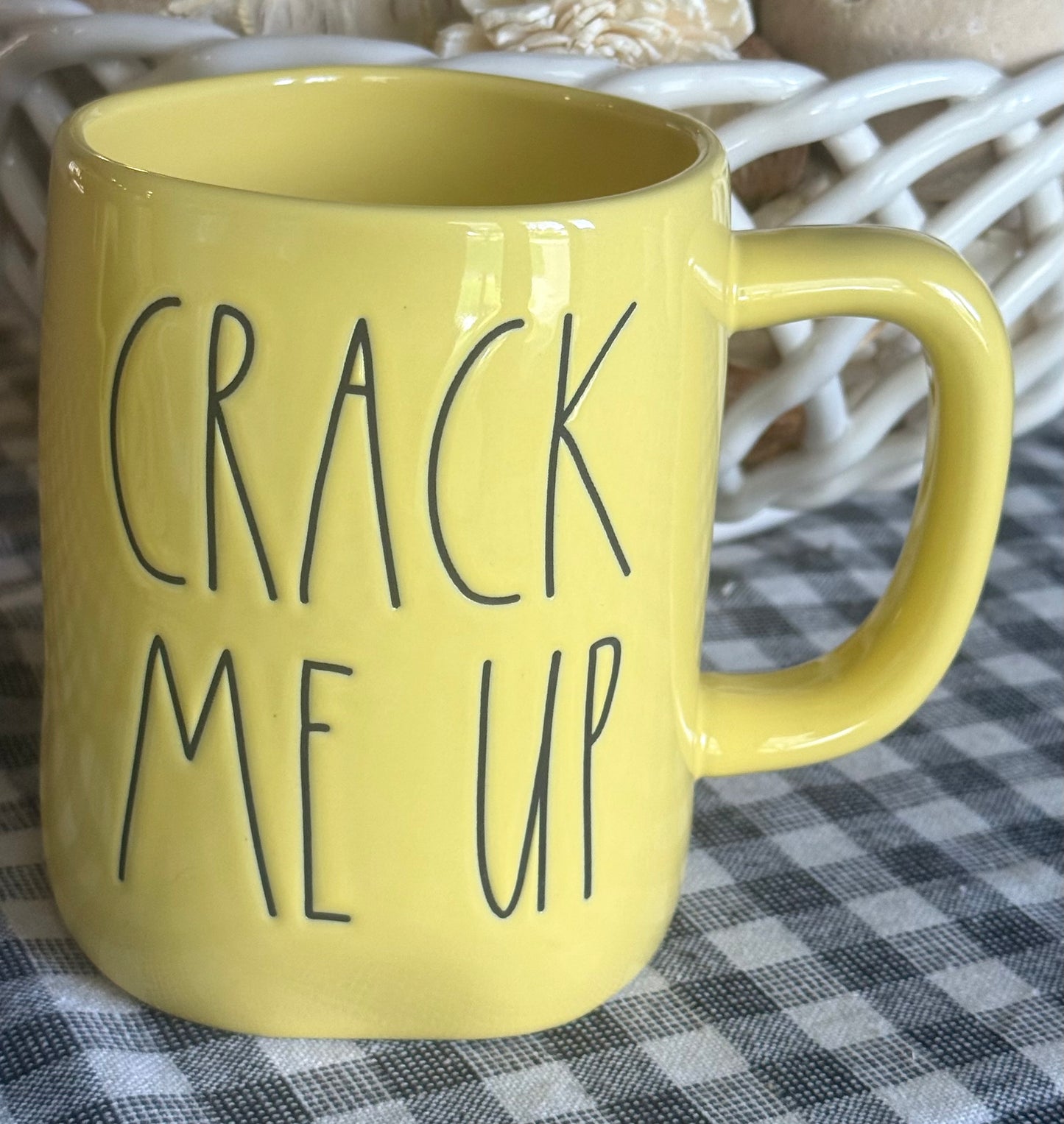 New Rae Dunn yellow ceramic Easter decor coffee mug CRACK ME UP