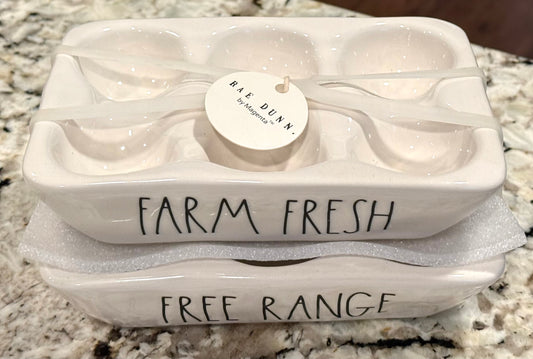 New Rae Dunn ceramic 2-piece breakfast egg holder set FARM FRESH / FREE RANGE