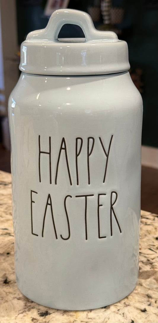 New Rae Dunn blue ceramic 9” HAPPY EASTER canister