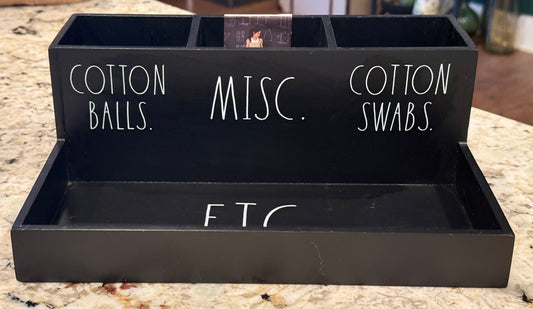New Rae Dunn black wood bathroom organizer COTTON BALLS MISC. COTTON SWABS ect. 11.25x8.25x3.35