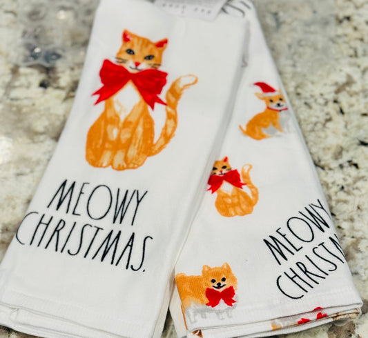 New Rae Dunn Christmas 3-piece kitchen dish towel set MEOWY CHRISTMAS