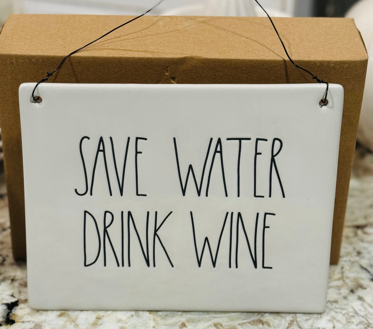 New Rae Dunn ceramic hanging sign 7.5x6.25 SAVE WATER DRINK WINE