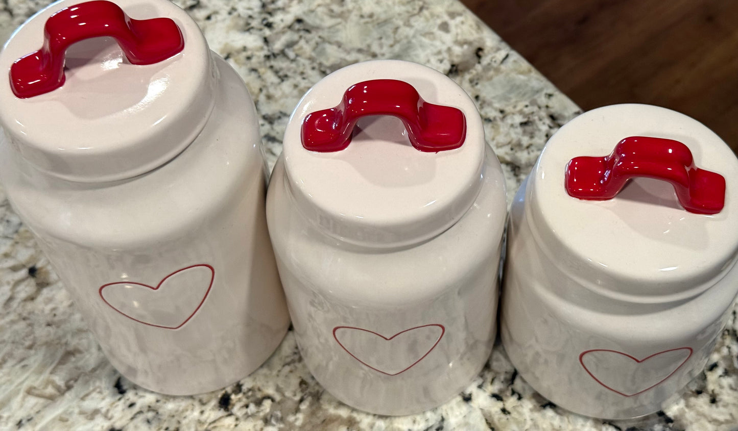 Rae Dunn white ceramic red heart Valentine’s Day  canister set 9” 7.5” 6”
