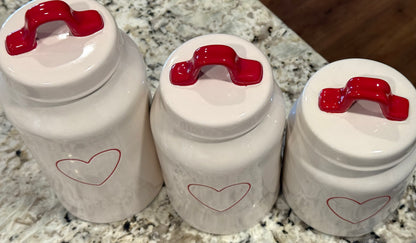 Rae Dunn white ceramic red heart Valentine’s Day  canister set 9” 7.5” 6”