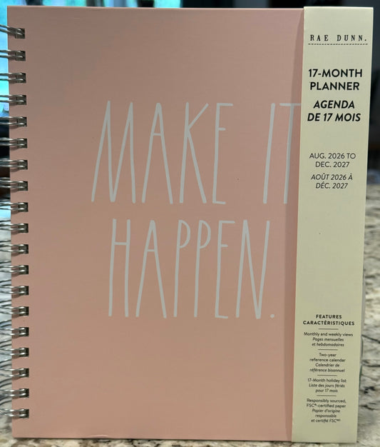 New Rae Dunn 8x10 spiral hardback 2026-2027 Planner-MAKE IT HAPPEN