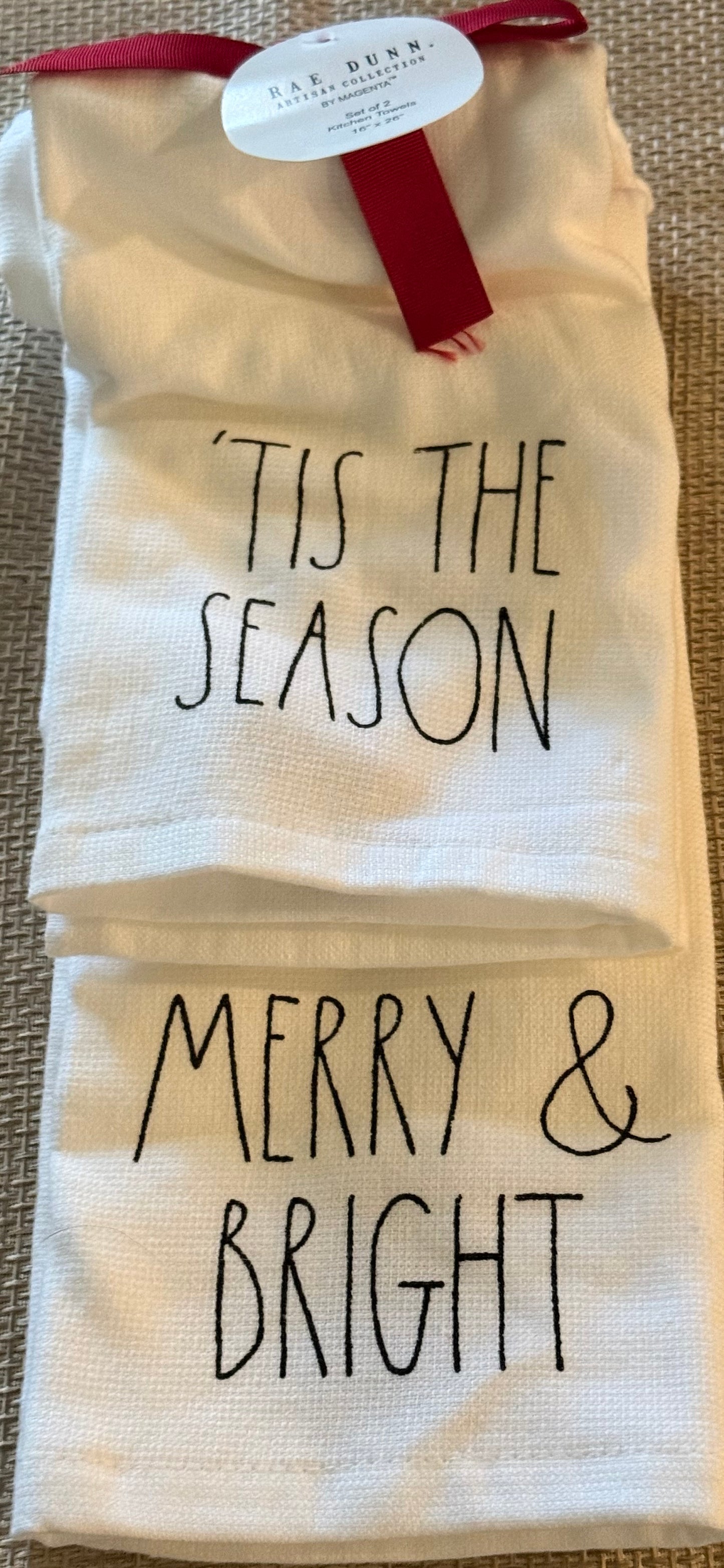 New Rae Dunn 2-piece Christmas kitchen dish towel set TIS THE SEASON & MERRY & BRIGHT