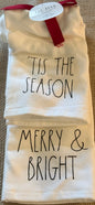 New Rae Dunn 2-piece Christmas kitchen dish towel set TIS THE SEASON & MERRY & BRIGHT