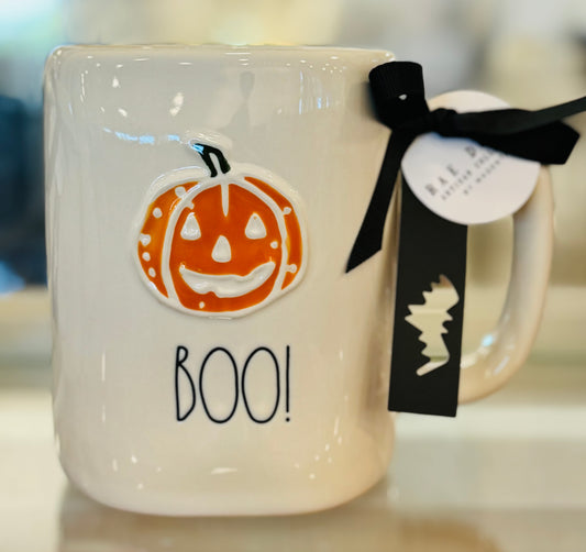 New Rae Dunn white ceramic Halloween coffee mug BOO!