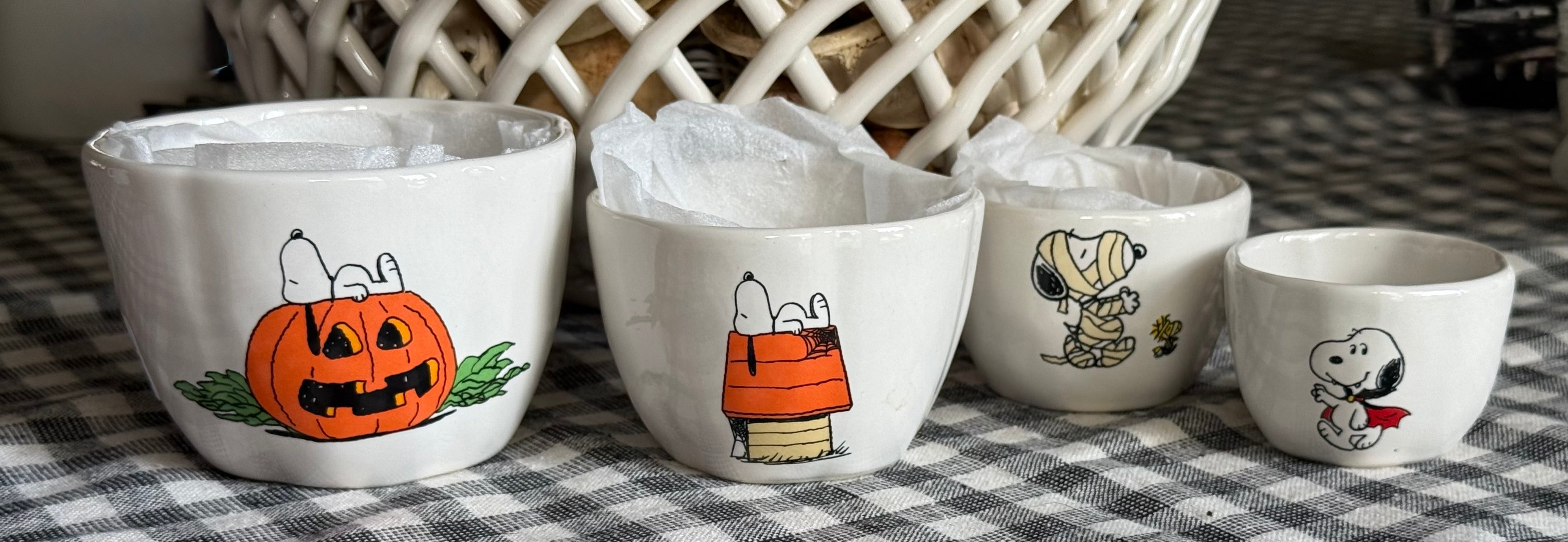 New Rae Dunn x Peanuts Snoopy ceramic Halloween white ceramic measurin ...