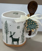 New Rae Dunn white ceramic coffee mug Christmas tree farm COZY wood spoon included