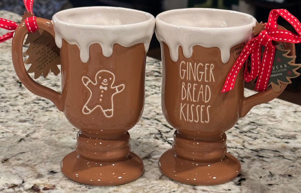 New Rae Dunn tall, snow dripped brown ceramic gingerbread  Christmas coffee mug GINGERBREAD KISSES