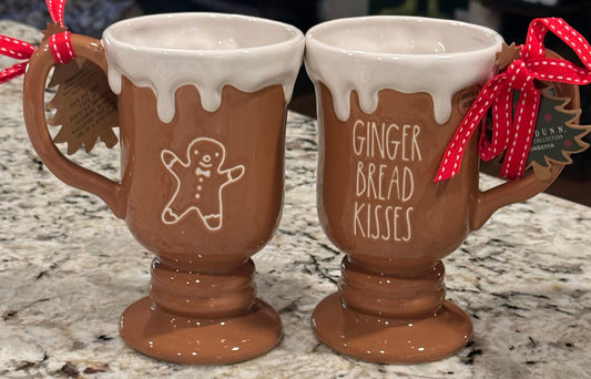 New Rae Dunn tall, snow dripped brown ceramic gingerbread  Christmas coffee mug GINGERBREAD KISSES