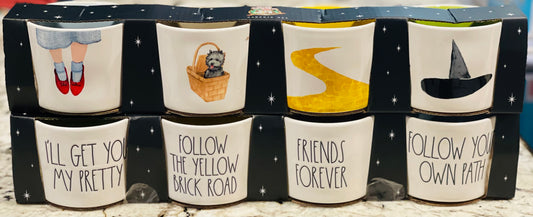 New Rae Dunn x Wizard of Oz 4-piece ceramic cup set words on front/photos on back